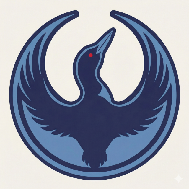 Description from Ana Marie Cox:
A combination of the Star Wars Rebel Alliance symbol and the Minnesota state bird. The Rebel Alliance symbol is a crescent shape that’s taller than it is wide, with a decorative flower or fountain forming a third spire in the middle. In this logo, a Minnesota Loon bird has its wings spread out and up for the side “wings.” For the middle spire, the loon’s head is looking up and to the right with one red eye visible.