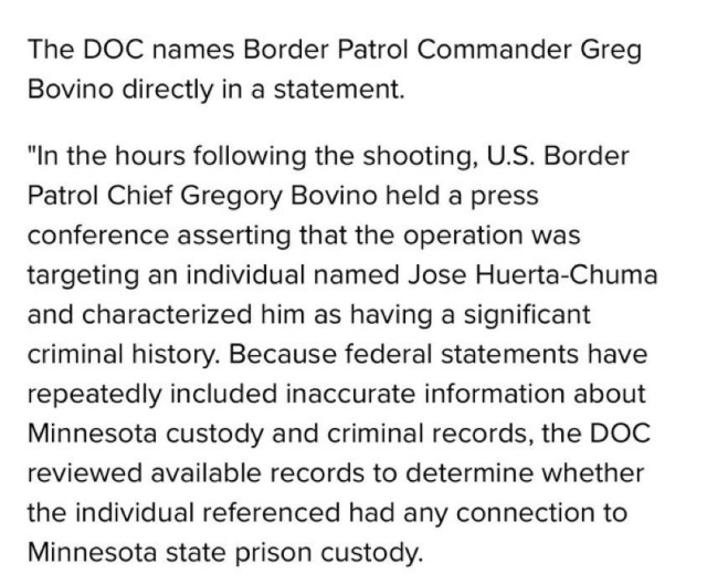 Text discussing a statement from the DOC, mentioning Border Patrol Chief Greg Bovino and an individual named Jose Huerta-Chuma, focusing on criminal history and inaccuracies in federal statements regarding custody records.