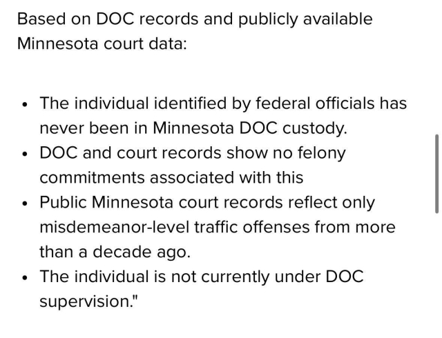 The image contains a text excerpt discussing the legal status of an individual based on Minnesota Department of Corrections (DOC) records. It states that the individual has never been in DOC custody, has no felony commitments, only has misdemeanor traffic offenses from over…