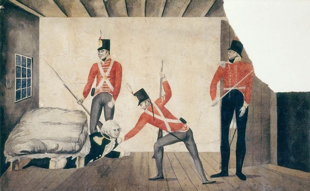 Satirical cartoon of The arrest of Governor Bligh, 1808, artist unknown, watercolour drawing, attached to the left hand wall in the image is a sheet with text, “O what can the matter be.” Shows 3 soldiers in red uniforms, with black, cylindrical hats, dragging a cowering Bligh out from under a mattress where he was hiding. Mitchell Library, State Library of New South Wales, Safe 4/5. By Unknown author – State Library of New South Wales, Safe 4/5, Public Domain, https://commons.wikimedia.org/w/index.php?curid=17959234