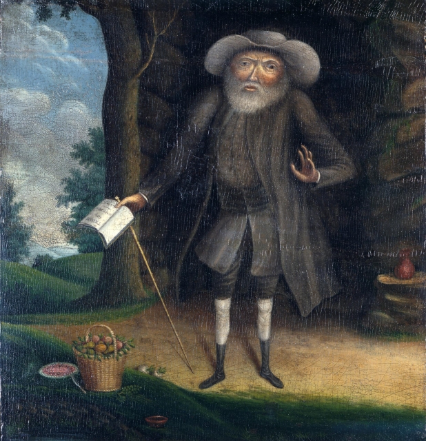 A 1750 portrait of Lay by William Williams, with a thick, gray beard, wide-brimmed hat, and long coat. By Template:William Williams - https://www.nytimes.com/2017/08/12/opinion/sunday/youll-never-be-as-radical-as-this-18th-century-quaker-dwarf.html?_r=0, Public Domain, https://commons.wikimedia.org/w/index.php?curid=61656157
