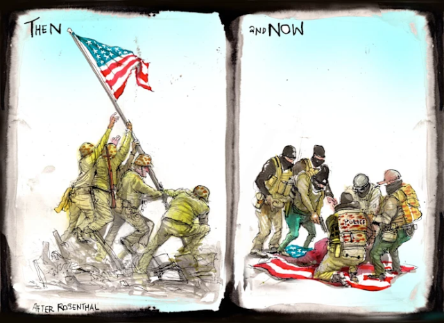 political cartoon showing the raising of the flag at Iwo Jima and the killing of Alex Pretti by regime goons