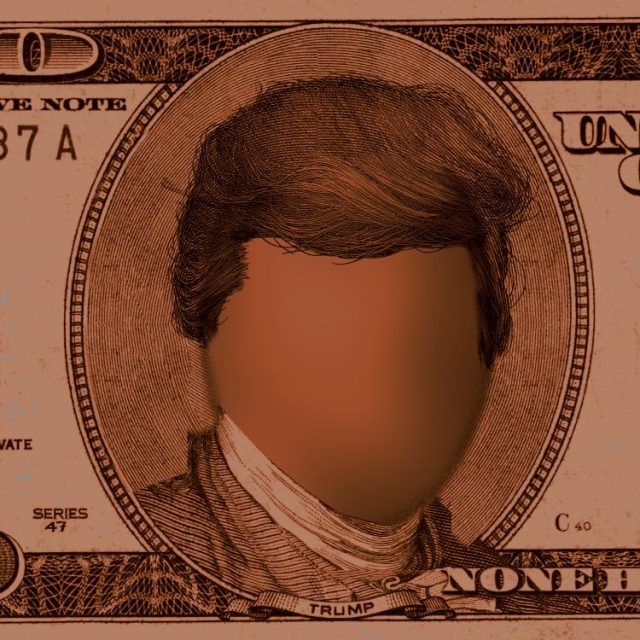 A detail from a US $100 bill. The bill has been tinted orange. Ben Franklin's face has been replaced with an indistinct blur surmounted by Trump's hair. The lettering in the scrollwork beneath the portrait reads 'TRUMP.' The '100's have been turned into '000's. The writing 'ONE HUNDRED' now reads 'NONE HUNDRED.' The series issue has been changed to '47.' The Secretary of the Treasury's signature has been replaced with Trump's.