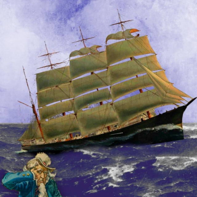 A triple-masted schooner on a rough sea racing ahead of the wind. Drowning in its wake is a beleaguered caricature of Uncle Sam.
