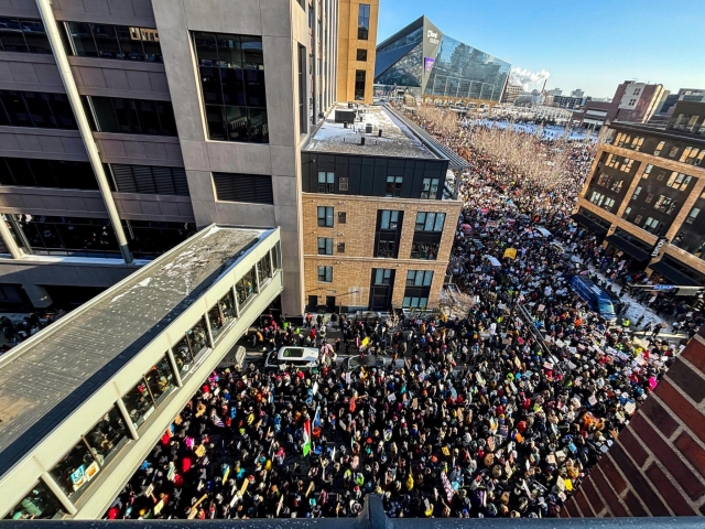 Tens of thousands of people march in downtown Minneapolis in subzero temperatures to protest the massive presence of ICE agents over the past several weeks Friday, Jan. 23, 2026. (Photo by Nicole Neri/Minnesota Reformer)