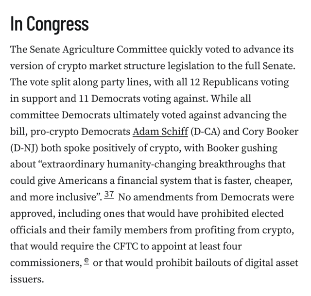 In Congress
The Senate Agriculture Committee quickly voted to advance its version of crypto market structure legislation to the full Senate. The vote split along party lines, with all 12 Republicans voting in support and 11 Democrats voting against. While all committee Democrats ultimately voted against advancing the bill, pro-crypto Democrats Adam Schiff (D-CA) and Cory Booker (D-NJ) both spoke positively of crypto, with Booker gushing about “extraordinary humanity-changing breakthroughs that could give Americans a financial system that is faster, cheaper, and more inclusive”.37 No amendments from Democrats were approved, including ones that would have prohibited elected officials and their family members from profiting from crypto, that would require the CFTC to appoint at least four commissioners,e or that would prohibit bailouts of digital asset issuers.