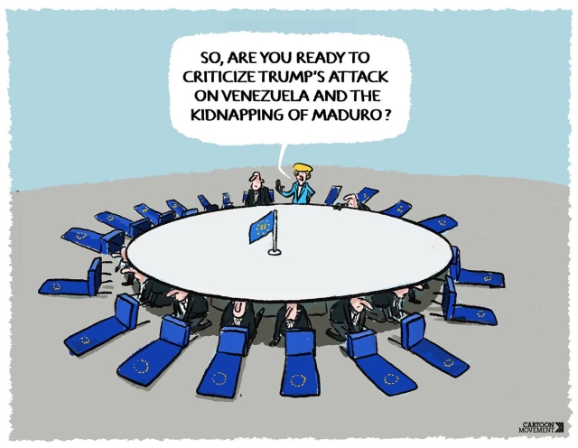 Cartoon showing Ursula Von Der Leyen standing at a large round table full of EU diplomats asking: 'So, are you ready to criticize Trump's attack on Venezuela and the kidnapping of Maduro?' The diplomats have all turned their chairs on their sides and are hiding hind hem under the table.