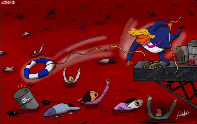 Cartoon showing Trump throwing a lifebuoy ring into a see of blood with people screaming and drowning. The life ring is aimed at an oil barrel that is also floating in the sea.