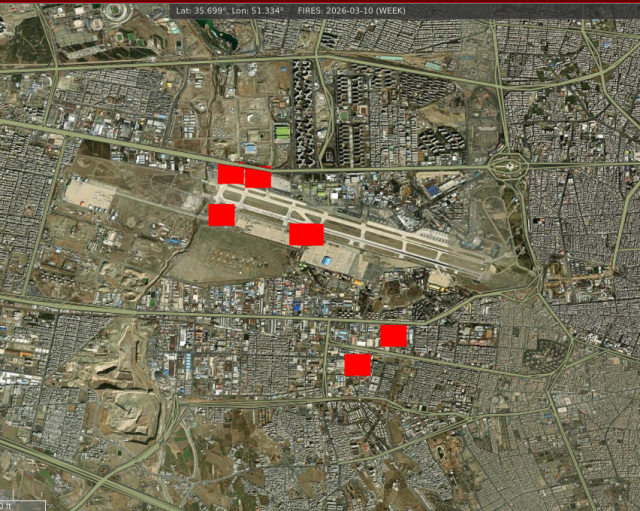 Airport reference image with hotspots around it indicating fire
