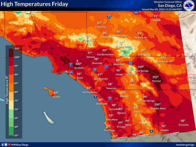 
        Well above normal temperatures will allow for minor to moderate heat risk across Southern California late this week. For the coastal areas: 85 to 95, western valleys and inland Orange County: 95 to 100, inland valleys: 91 to 98, mountains between 4000 ft and 7000 ft: 73 to 83, high desert: 84 to 88, low desert: 97 to 102.
      
