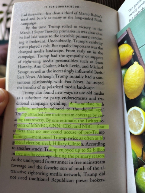 "a candidate with qualities uniquely tailored to the digital age," Trump attracted free mainstream coverage by creating controversy. By one estimate, the Twitter accounts of MSNBC, CNN, CBS, and NBC—four outlets that no one could accuse of pro-Trump leanings—mentioned Trump twice as often as his general election rival, Hillary Clinton. According to another study, Trump enjoyed up to $2 billion in free media coverage during the primary season.
