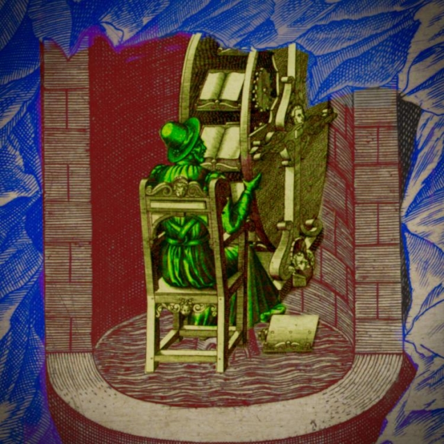 A cutaway of a rocky underground, with a cylindrical brick cistern. Trapped in the prison is a 16th century drudge seated before a wheel on which rest a series of books that rotate along with the wheel.