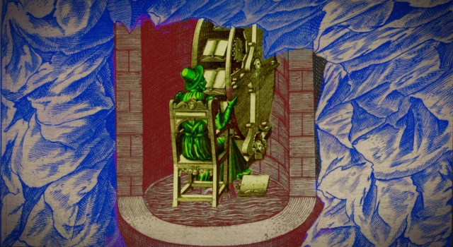 A cutaway of a rocky underground, with a cylindrical brick cistern. Trapped in the prison is a 16th century drudge seated before a wheel on which rest a series of books that rotate along with the wheel.