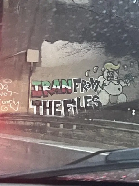 graffiti of trump running and sweating and the words "Iran from the Files"