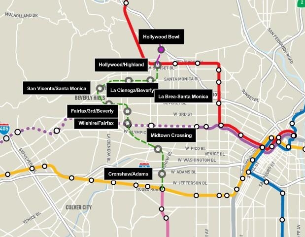 Map of the San Vicente - Fairfax alignment for the Northern Extension of the K-Line