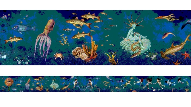 Mermaids
Artist: Deborah Kelly

This artwork is made from paper collages depicting mythical beings based on ancient stories of human-fish hybrids: sirens, tritons, mermaids and some as-yet-unnamed species of merfolk. They swim, socialise, hunt, court and play in a magical waterworld shared with local populations of the fragile Sydney Harbour ecosystem: a seahorse, starfish, seaweed and a seadragon, photographed by Richard Ling. Fish and plankton can be glimpsed too. 

There’s a wobbegong, pufferfish, flathead, garfish, cephalopods, crustacea, and a lost tropical fish swept up in a cyclone thousands of kilometres north and carried by unruly currents.

Included is a rare sighting of the artist’s favourite animal, the hard-to-believe silver-and-cerulean glaucus, who comes from where the east wind blows and eats the blueness from bluebottles. You’ll spot sponges and shells, scallops, shrimp, an especially fancy crab and eggs of many species, holding the future tight.