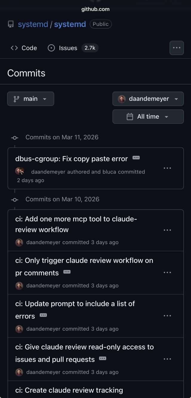Github commits showing multiple instances of adding functionality for Claude AI reviewing of code into systemd. Commits written by daandemeyer