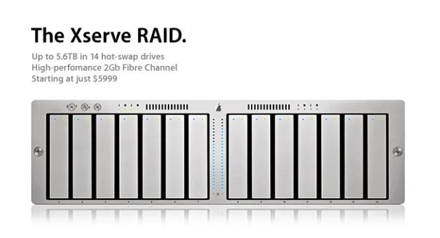 Apple Xserve RAID marketing image with text in upper left hand corner:

The Xserve RAID.
Up to 5.6TB in 14 hot-swap drives
High-perfomance 2Gb Fibre Channel
Starting at just $5999