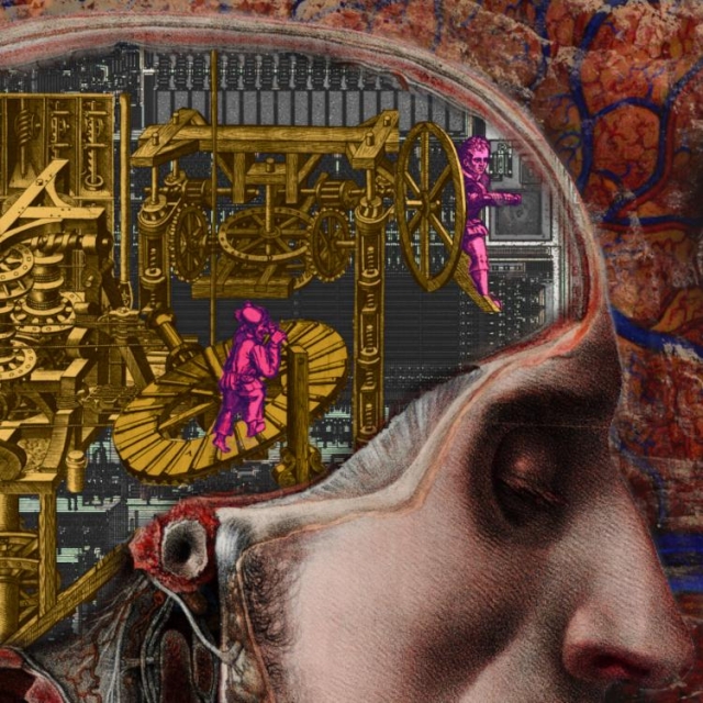 A cross-section of a man's head. His brain has been replaced with an intricate mass of wooden gearing, being pumped and cranked by three 16th century druges. Behind them is a blown up view of a microchip.  Behind the head is a stylized illustration of grey matter, blown out with lots of saturation and blended in places with tumbled rocks.


Image:
ZeptoBars (modified)
https://commons.wikimedia.org/wiki/File:Microchip-24lcs52-HD.jpg

CC BY 3.0
https://creativecommons.org/licenses/by/3.0/deed.en
