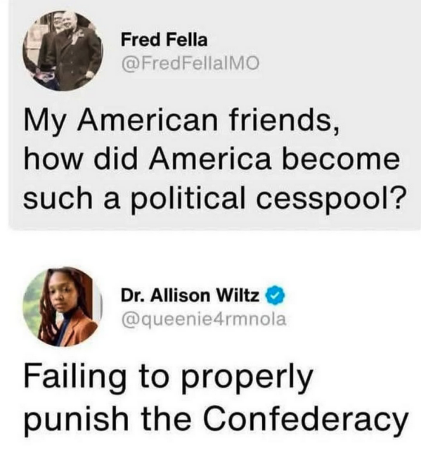 dialog posts: Fred Fella @FredFellaIMO "My American friends, how did America become such a political cesspool?"
Dr. Allison Wiltz @queenie4rmnola "Failing to properly punish the Confederacy."