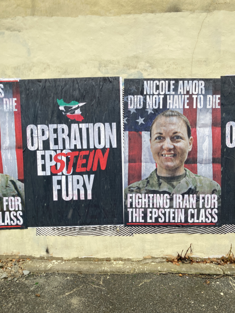 two posters

"operation epstein fury"

"nicole amor did not have to die fighting iran for the epstein class"