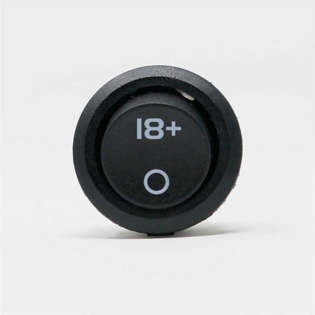 A round power switch with the settings "0" for off and "18+" for on, confirming with every press that the person switching the power on is at least 18 years old. Age verification, physical style.