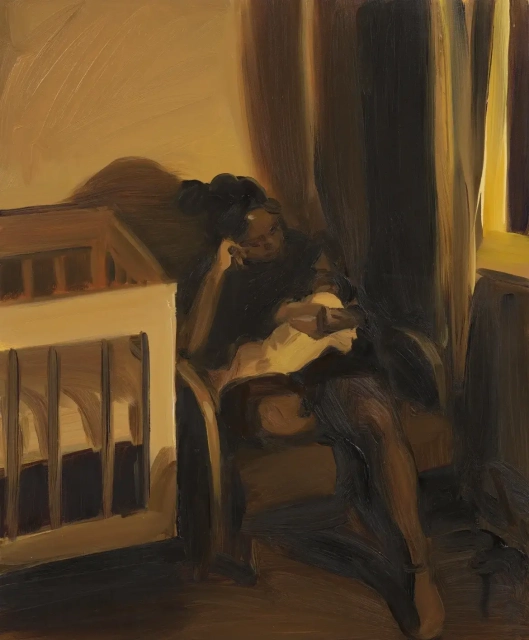 Painting: in an armchair in the corner of a nursery a mother sits (looking tired) breastfeeding an infant wrapped in its bed clothes. Painted in a painterly (free) style with a darkish tone related to the night-time