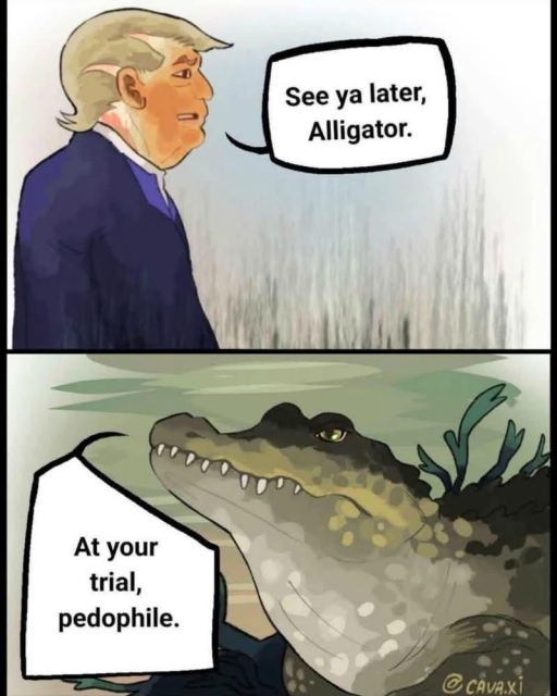 Political cartoon of trump standing on the edge of a swamp. “See ya later,
Alligator.”
Looking up from under the water, an alligator “ At your trial, pedophile” 
@cava.xi

