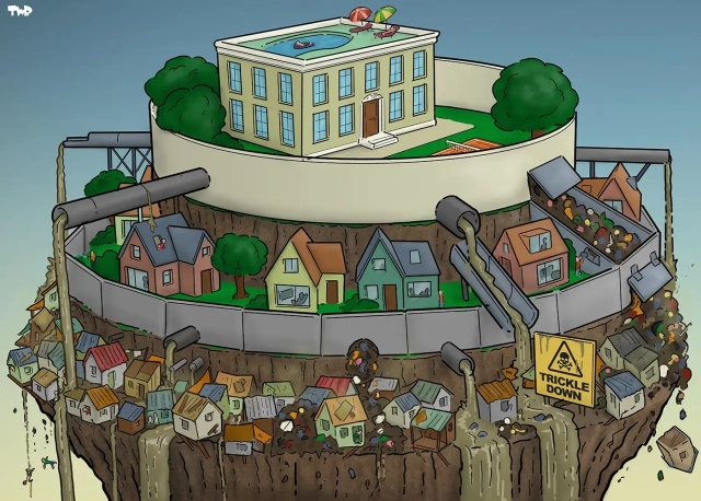 Cartoon showing a mountain with three tiers. The top of the mountain is flat and forms the first tier; a villa stands here with a pool on the roof; a lawn with trees and a tennis court surrounds it, as well as a high wall. The second tier is also surrounded by a wall and consists of middle class houses. The lowest and smallest tier is crammed full of slum dwellings. Sewer pipes and garbage chutes jut out from the first and second tier and rain down brown sludge and garbage onto the slums on the third tier.