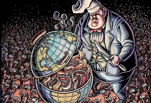 Drawing of a man standing in front of a ball shaped barbecue that looks like Earth. Around him are hundreds of people holding up an empty food bowl