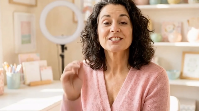 Two stills of what looks like a brunette woman in a pink and white room, speaking with raised eyebrows and a hand up in a pincer gesture. However, the two photographs are totally identical to the pixel except around her lower face, chin, and mouth. Neither her forehead, hand, hair, or shoulders have moved at all. It is clearly generated imagery.