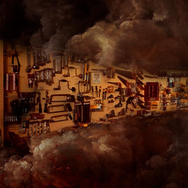 A pegboard at a hardware store, festooned with tools, with smoke closing in on it from above and below.