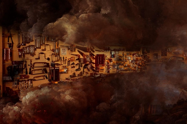 A pegboard at a hardware store, festooned with tools, with smoke closing in on it from above and below.