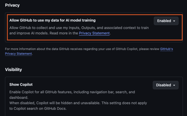 Copilot Privacy setting at https://github.com/settings/copilot/features "Allow GitHub to use my data for AI model training", enabled by default.

"Allow GitHub to collect and use my Inputs, Outputs, and associated context to train and improve AI models. Read more in the Privacy Statement."